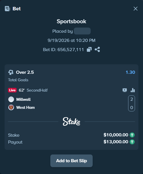 Bet slip: Millwall - West Ham, $10,000.00 stake at 1.30 odds, placed by Jackpoor