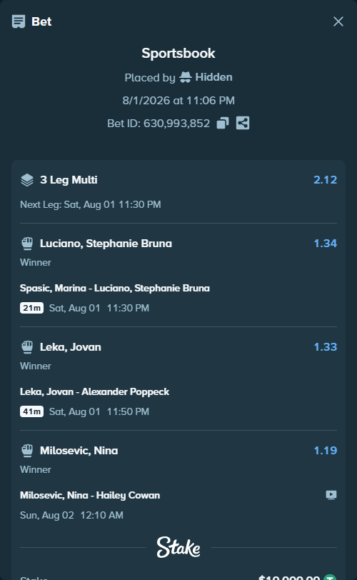 Bet slip: Milosevic, Nina - Hailey Cowan, $10,010.00 stake at 1.19 odds, placed by Hidden