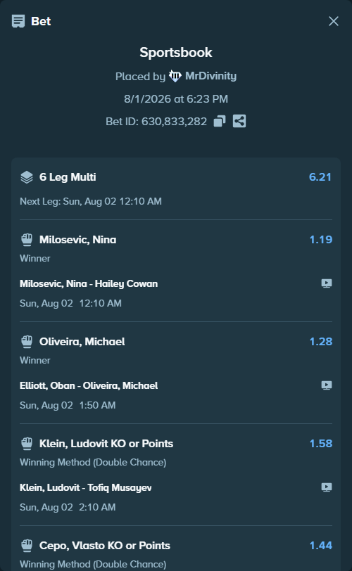 Bet slip: Milosevic, Nina - Hailey Cowan, $12,612.60 stake at 1.19 odds, placed by MrDivinity