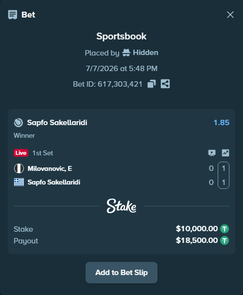 Bet slip: Milovanovic, E - Sapfo Sakellaridi, $10,010.00 stake at 1.85 odds, placed by Hidden