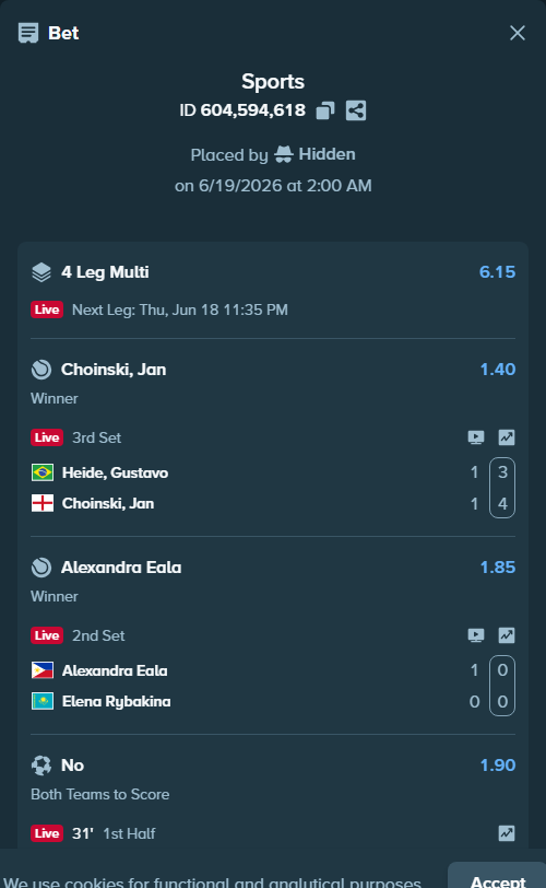 Bet slip: Milovanovic, E - Shao, Yushan, $10,000.00 stake at 1.25 odds, placed by Hidden