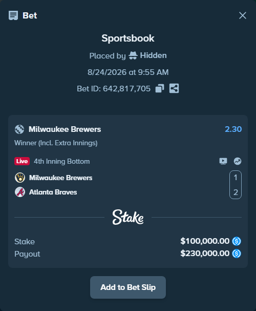 Bet slip: Milwaukee Brewers - Atlanta Braves, $100,000.00 stake at 2.30 odds, placed by Hidden