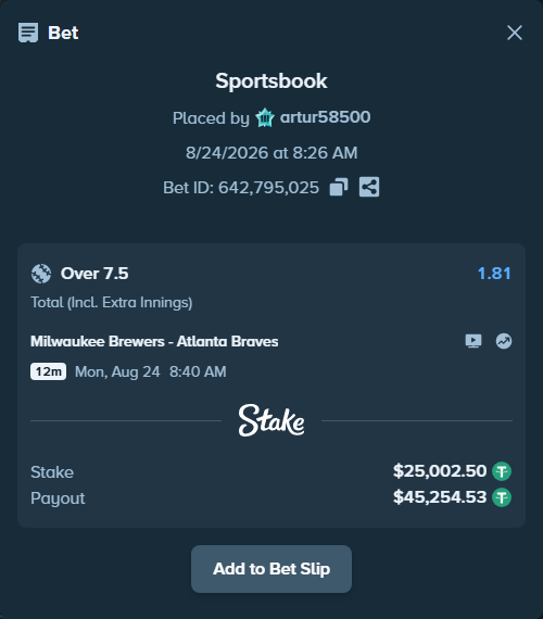 Bet slip: Milwaukee Brewers - Atlanta Braves, $25,000.00 stake at 1.81 odds, placed by artur58500