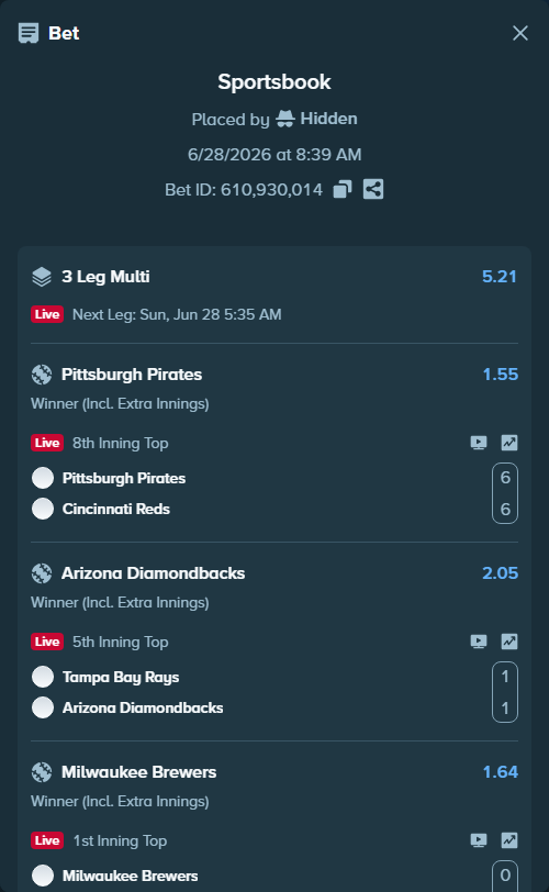 Bet slip: Milwaukee Brewers - Chicago Cubs, $10,000.00 stake at 1.64 odds, placed by Hidden