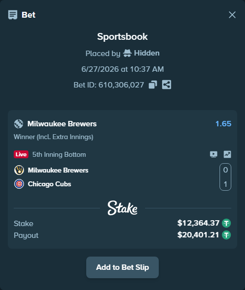 Bet slip: Milwaukee Brewers - Chicago Cubs, $12,376.73 stake at 1.65 odds, placed by Hidden