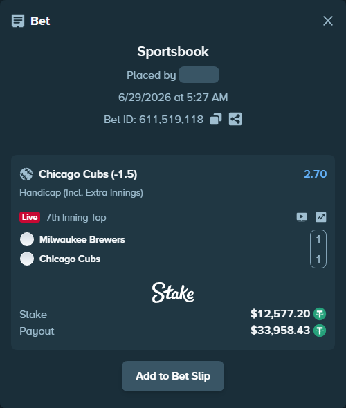 Bet slip: Milwaukee Brewers - Chicago Cubs, $12,589.77 stake at 2.70 odds, placed by ayoflasher