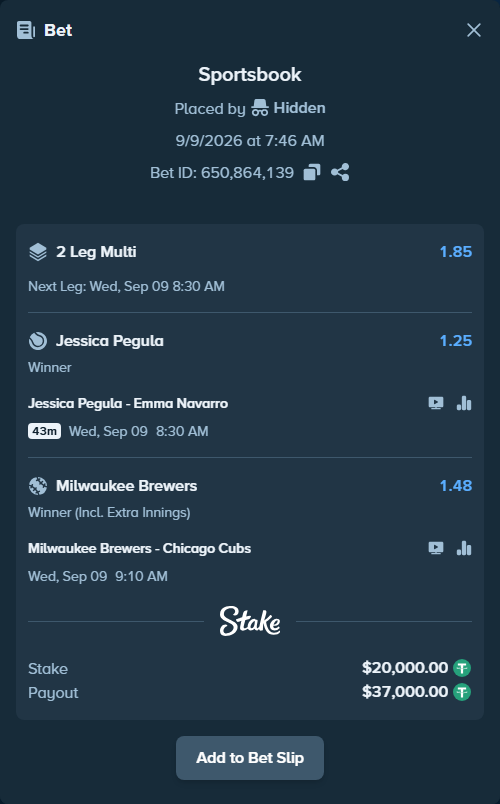 Bet slip: Milwaukee Brewers - Chicago Cubs, $20,000.00 stake at 1.48 odds, placed by Hidden