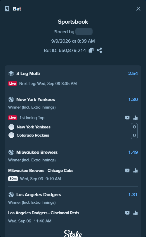 Bet slip: Milwaukee Brewers - Chicago Cubs, $21,000.00 stake at 1.49 odds, placed by 12quant