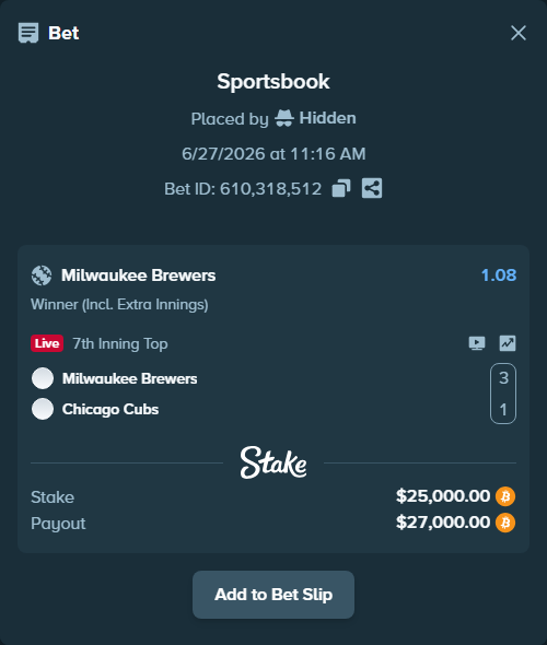 Bet slip: Milwaukee Brewers - Chicago Cubs, $25,768.93 stake at 1.08 odds, placed by Hidden