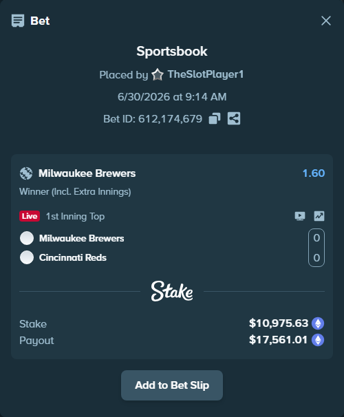 Bet slip: Milwaukee Brewers - Cincinnati Reds, $12,074.23 stake at 1.60 odds, placed by TheSlotPlayer1