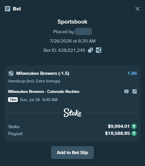 Bet slip: Milwaukee Brewers - Colorado Rockies, $10,004.00 stake at 1.86 odds, placed by Albertosf90
