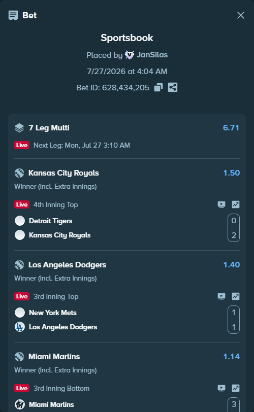 Bet slip: Milwaukee Brewers - Colorado Rockies, $10,070.33 stake at 1.04 odds, placed by JanSilas