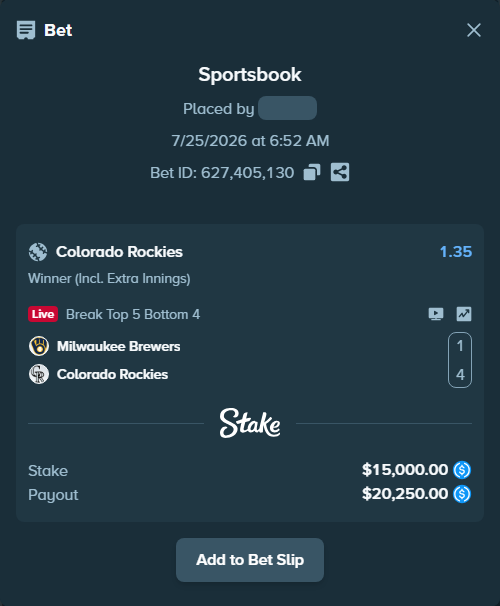 Bet slip: Milwaukee Brewers - Colorado Rockies, $15,000.00 stake at 1.35 odds, placed by Ugresset
