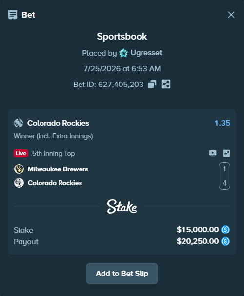 Bet slip: Milwaukee Brewers - Colorado Rockies, $15,000.00 stake at 1.35 odds, placed by Ugresset