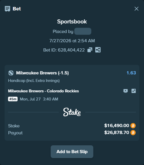 Bet slip: Milwaukee Brewers - Colorado Rockies, $16,409.07 stake at 1.63 odds, placed by Dzokoichoi