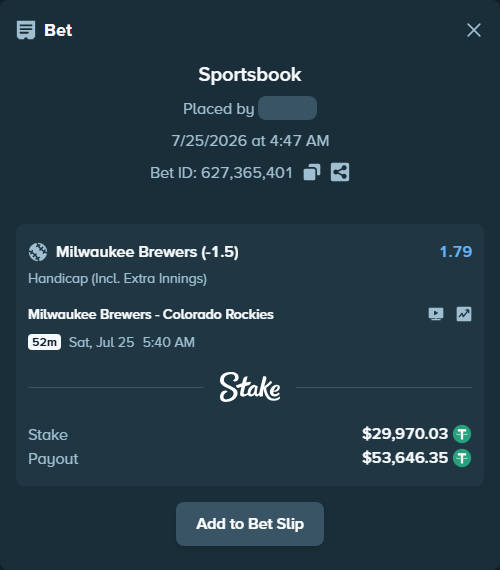 Bet slip: Milwaukee Brewers - Colorado Rockies, $30,000.00 stake at 1.79 odds, placed by YasutakaNakano