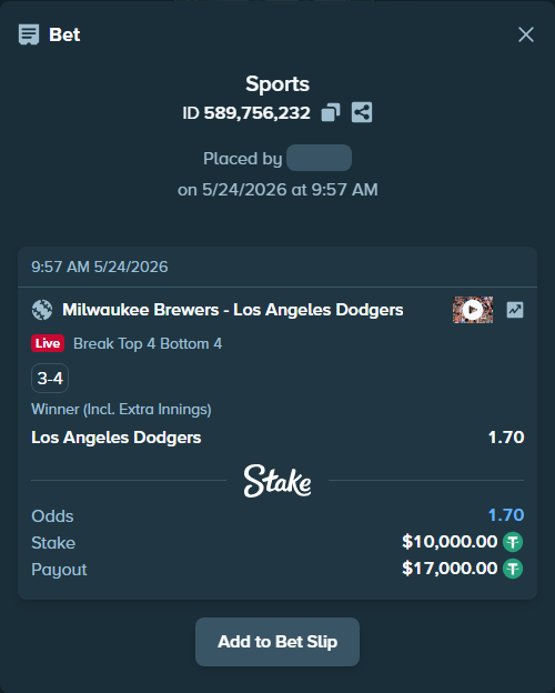 Bet slip: Milwaukee Brewers - Los Angeles Dodgers, $10,000.00 stake at 1.70 odds, placed by MountainYu