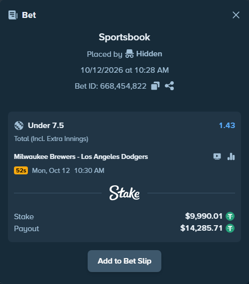 Bet slip: Milwaukee Brewers - Los Angeles Dodgers, $10,000.00 stake at 1.43 odds, placed by luckysevenfr