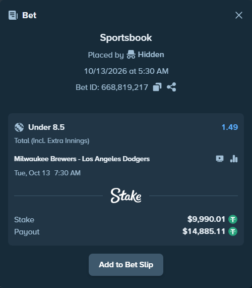 Bet slip: Milwaukee Brewers - Los Angeles Dodgers, $10,000.00 stake at 1.49 odds, placed by luckysevenfr