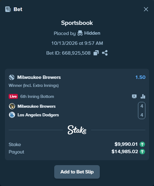 Bet slip: Milwaukee Brewers - Los Angeles Dodgers, $10,000.00 stake at 1.50 odds, placed by oscardv1981