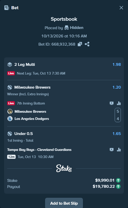 Bet slip: Milwaukee Brewers - Los Angeles Dodgers, $10,000.00 stake at 1.20 odds, placed by Chitico19