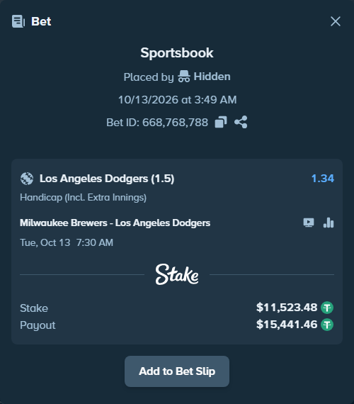 Bet slip: Milwaukee Brewers - Los Angeles Dodgers, $11,535.00 stake at 1.34 odds, placed by unhingedking
