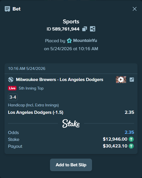 Bet slip: Milwaukee Brewers - Los Angeles Dodgers, $12,946.00 stake at 2.35 odds, placed by MountainYu