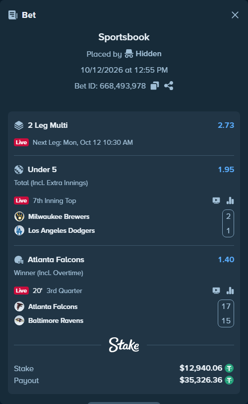Bet slip: Milwaukee Brewers - Los Angeles Dodgers, $12,953.00 stake at 1.95 odds, placed by Chitico19