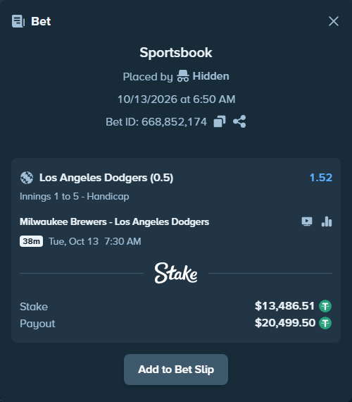 Bet slip: Milwaukee Brewers - Los Angeles Dodgers, $13,500.00 stake at 1.52 odds, placed by oscardv1981