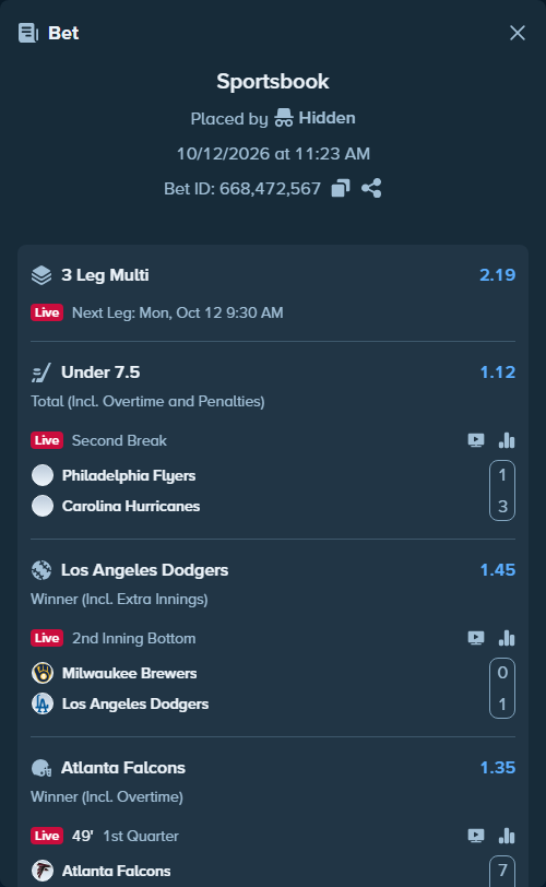 Bet slip: Milwaukee Brewers - Los Angeles Dodgers, $16,863.00 stake at 1.45 odds, placed by Chitico19