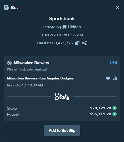 Bet slip: Milwaukee Brewers - Los Angeles Dodgers, $28,750.00 stake at 1.94 odds, placed by oscardv1981