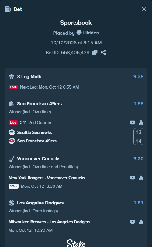Bet slip: Milwaukee Brewers - Los Angeles Dodgers, $53,203.36 stake at 1.87 odds, placed by Hidden