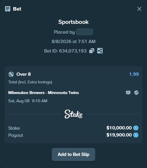 Bet slip: Milwaukee Brewers - Minnesota Twins, $10,000.00 stake at 1.99 odds, placed by reggieewellq