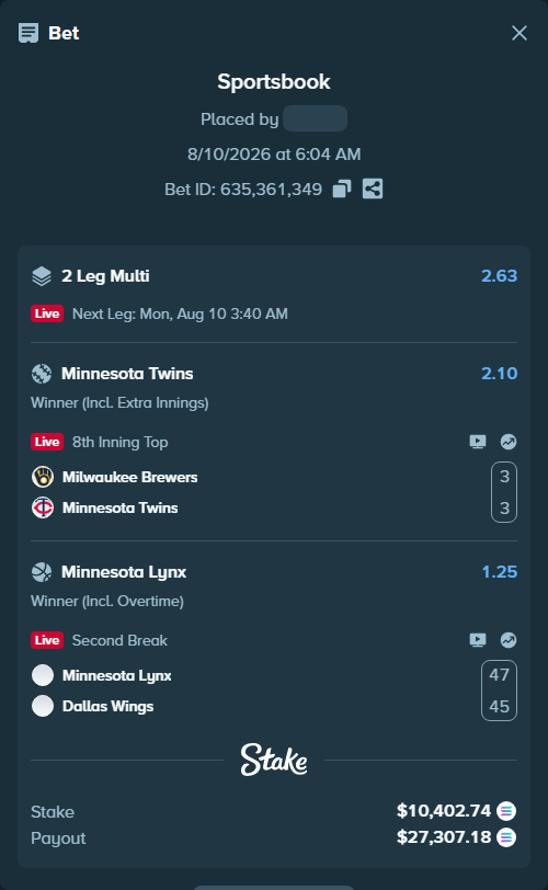 Bet slip: Milwaukee Brewers - Minnesota Twins, $10,424.24 stake at 2.10 odds, placed by Mashko21