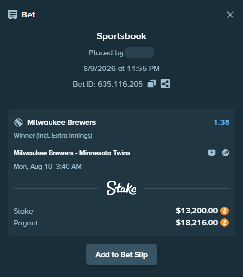 Bet slip: Milwaukee Brewers - Minnesota Twins, $13,181.56 stake at 1.38 odds, placed by Dzokoichoi