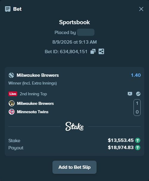 Bet slip: Milwaukee Brewers - Minnesota Twins, $13,567.00 stake at 1.40 odds, placed by Rovangood