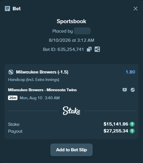 Bet slip: Milwaukee Brewers - Minnesota Twins, $15,157.00 stake at 1.80 odds, placed by Nt95