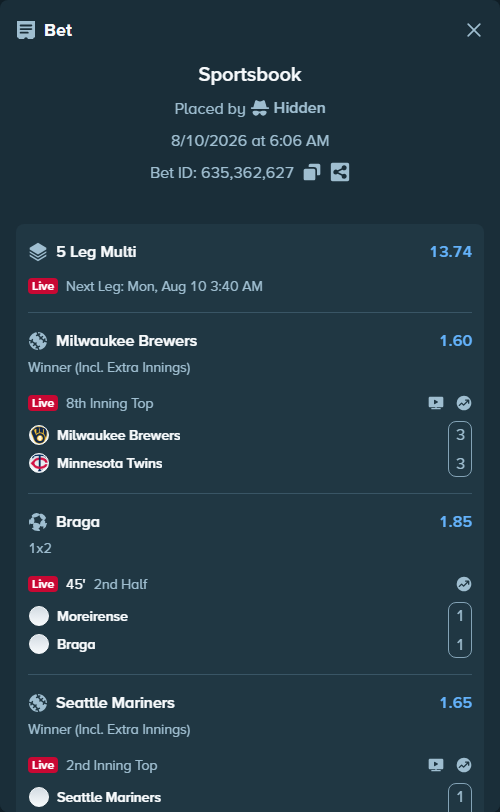 Bet slip: Milwaukee Brewers - Minnesota Twins, $50,000.00 stake at 1.60 odds, placed by Hidden