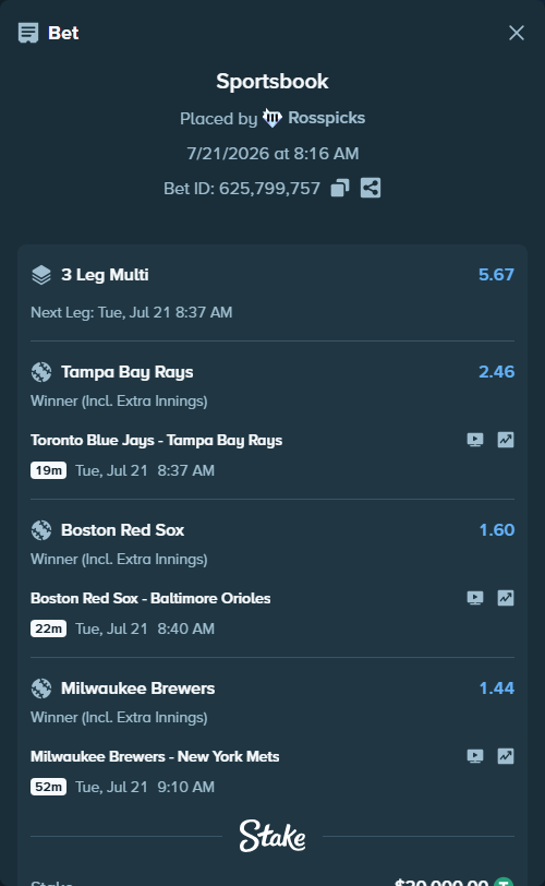Bet slip: Milwaukee Brewers - New York Mets, $20,020.00 stake at 1.44 odds, placed by Rosspicks