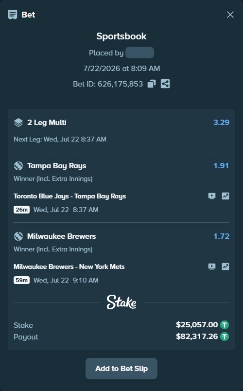 Bet slip: Milwaukee Brewers - New York Mets, $25,082.06 stake at 1.72 odds, placed by Rosspicks