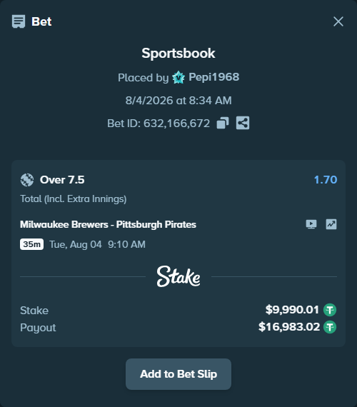 Bet slip: Milwaukee Brewers - Pittsburgh Pirates, $10,000.00 stake at 1.70 odds, placed by Pepi1968