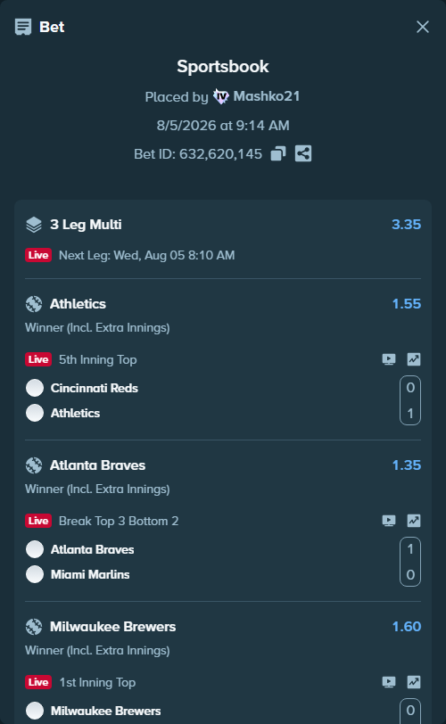 Bet slip: Milwaukee Brewers - Pittsburgh Pirates, $11,339.34 stake at 1.60 odds, placed by Mashko21