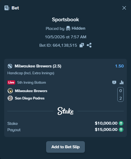 Bet slip: Milwaukee Brewers - San Diego Padres, $10,000.00 stake at 1.50 odds, placed by oscardv1981