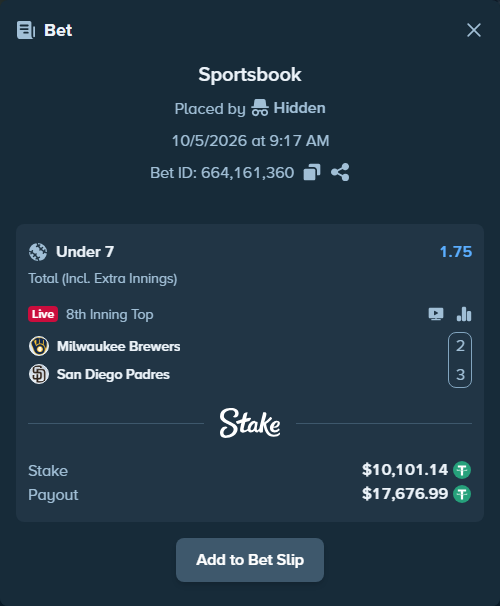 Bet slip: Milwaukee Brewers - San Diego Padres, $10,101.14 stake at 1.75 odds, placed by dogxxx