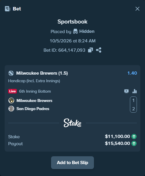 Bet slip: Milwaukee Brewers - San Diego Padres, $11,100.00 stake at 1.40 odds, placed by oscardv1981
