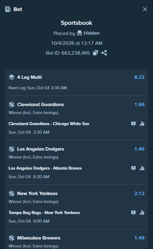 Bet slip: Milwaukee Brewers - San Diego Padres, $13,500.00 stake at 1.49 odds, placed by Hidden