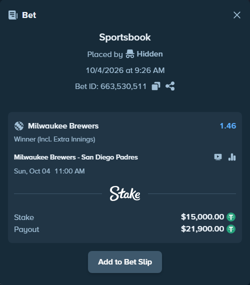 Bet slip: Milwaukee Brewers - San Diego Padres, $15,000.00 stake at 1.46 odds, placed by Pepi1968