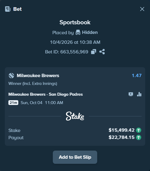 Bet slip: Milwaukee Brewers - San Diego Padres, $15,499.42 stake at 1.47 odds, placed by dvento