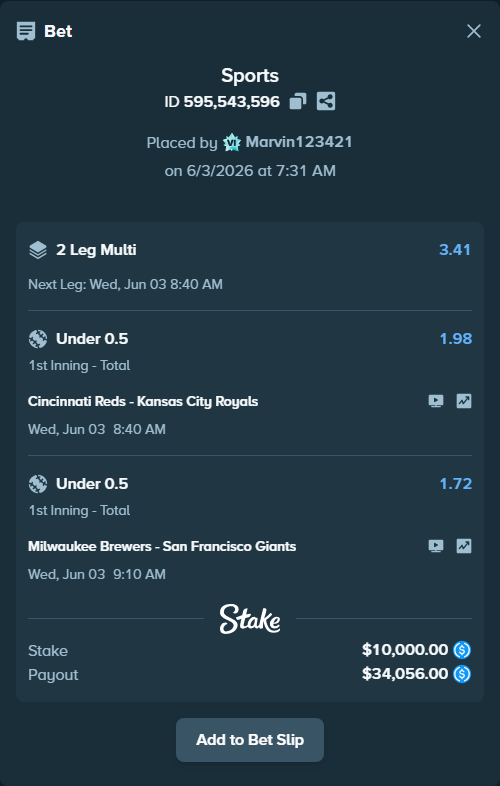 Bet slip: Milwaukee Brewers - San Francisco Giants, $10,000.00 stake at 1.72 odds, placed by Marvin123421