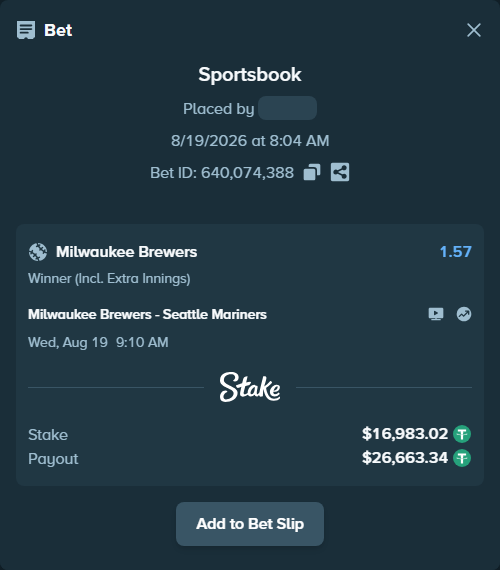 Bet slip: Milwaukee Brewers - Seattle Mariners, $17,000.00 stake at 1.57 odds, placed by dvento